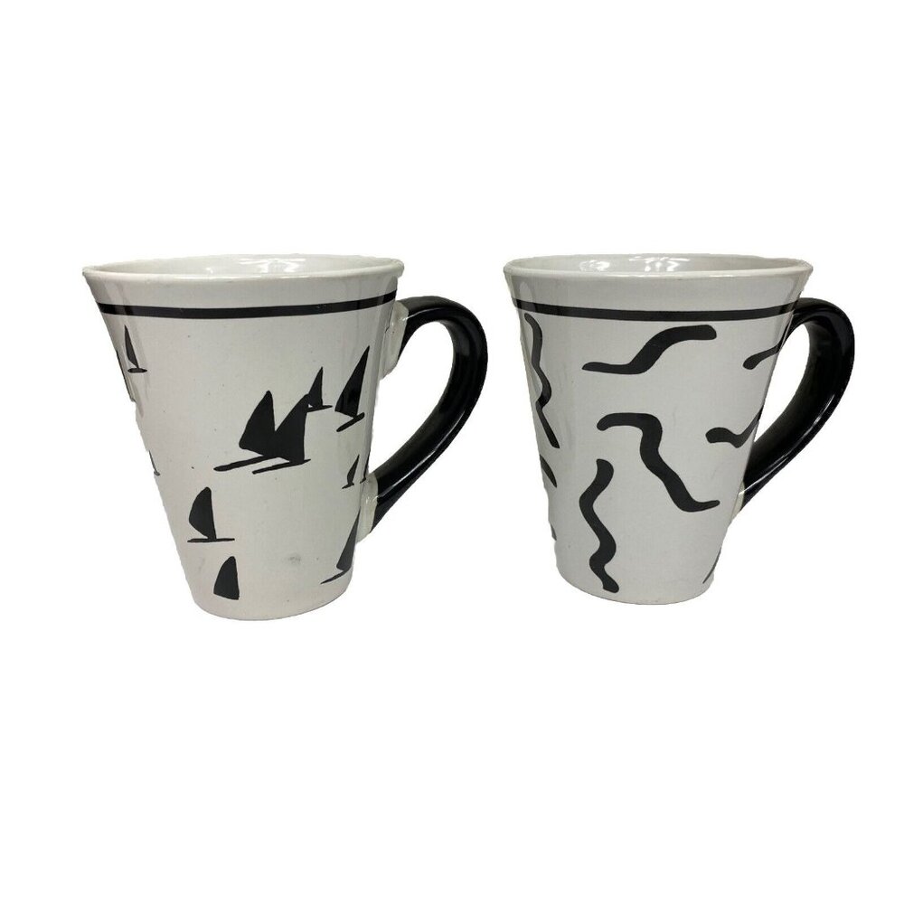 Pair Croix Du Sud Large Ceramic Mugs Coffee Cup B&W Sailboats Abstract Lot 2